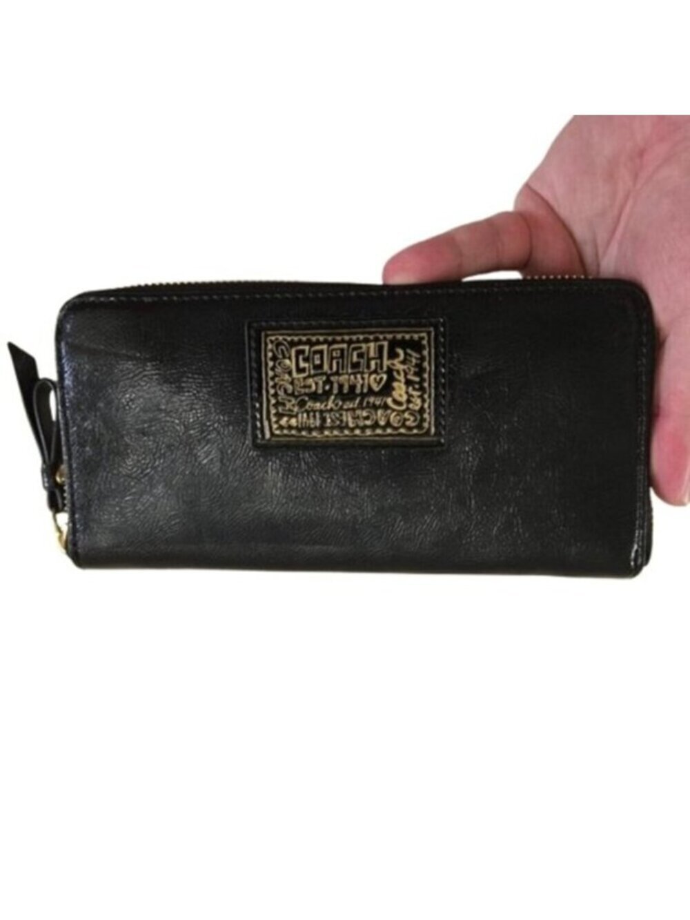 Coach Poppy Daisy Liquid Glass Zip Around Continental Wallet Black Gold